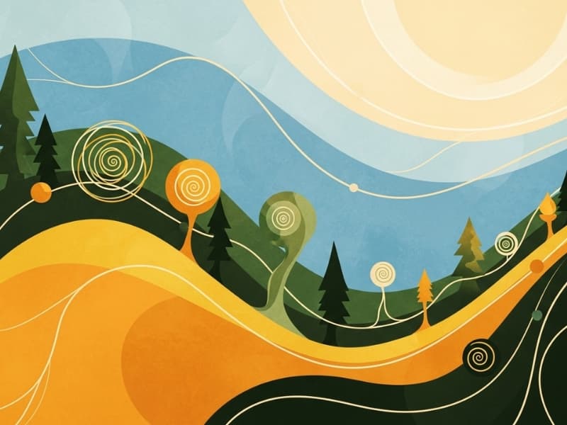 Abstract artistic composition with green and golden shapes representing life journey and growth