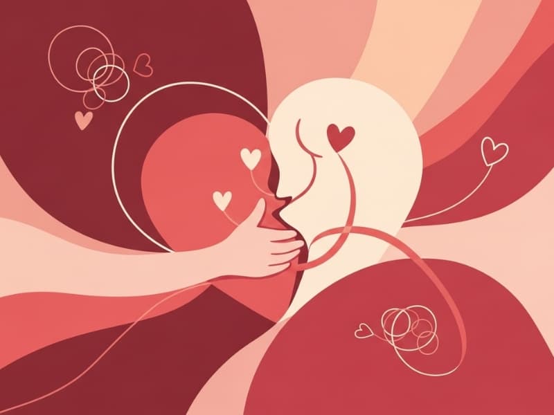 Abstract artistic composition with rose and pink shapes representing love and romantic connection