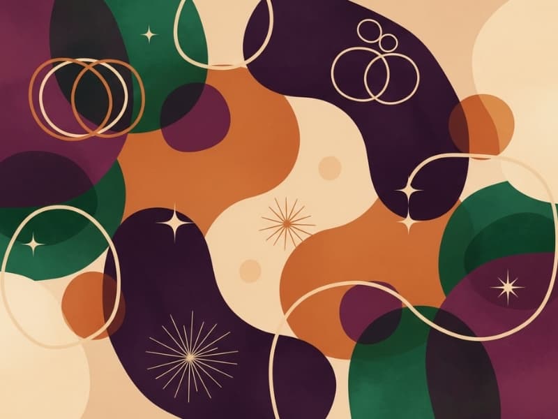 Abstract artistic composition with purple and emerald shapes representing celebration and special moments